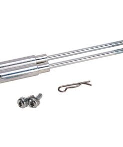 Expansion anchor kit components: two long threaded bolts, metal sleeve, curved retaining pin, and two screws for mounting.