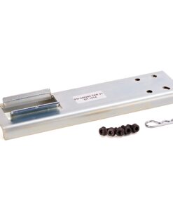 Metal sliding latch kit with mounting plate, plus four small screws and a cotter pin for installation.