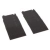 Two black plastic panels with multiple cutouts and circular depressions along the bottom edge, angled side by side on a white background.