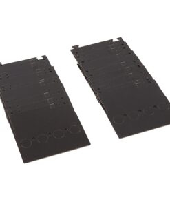 Two black plastic panels with multiple cutouts and circular depressions along the bottom edge, angled side by side on a white background.