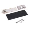 Electrical switch mounting kit with metal bracket, white faceplate, black mounting panel, screws, washers and nuts.