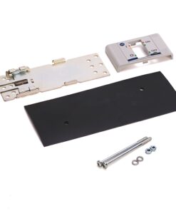 Electrical switch mounting kit with metal bracket, white faceplate, black mounting panel, screws, washers and nuts.