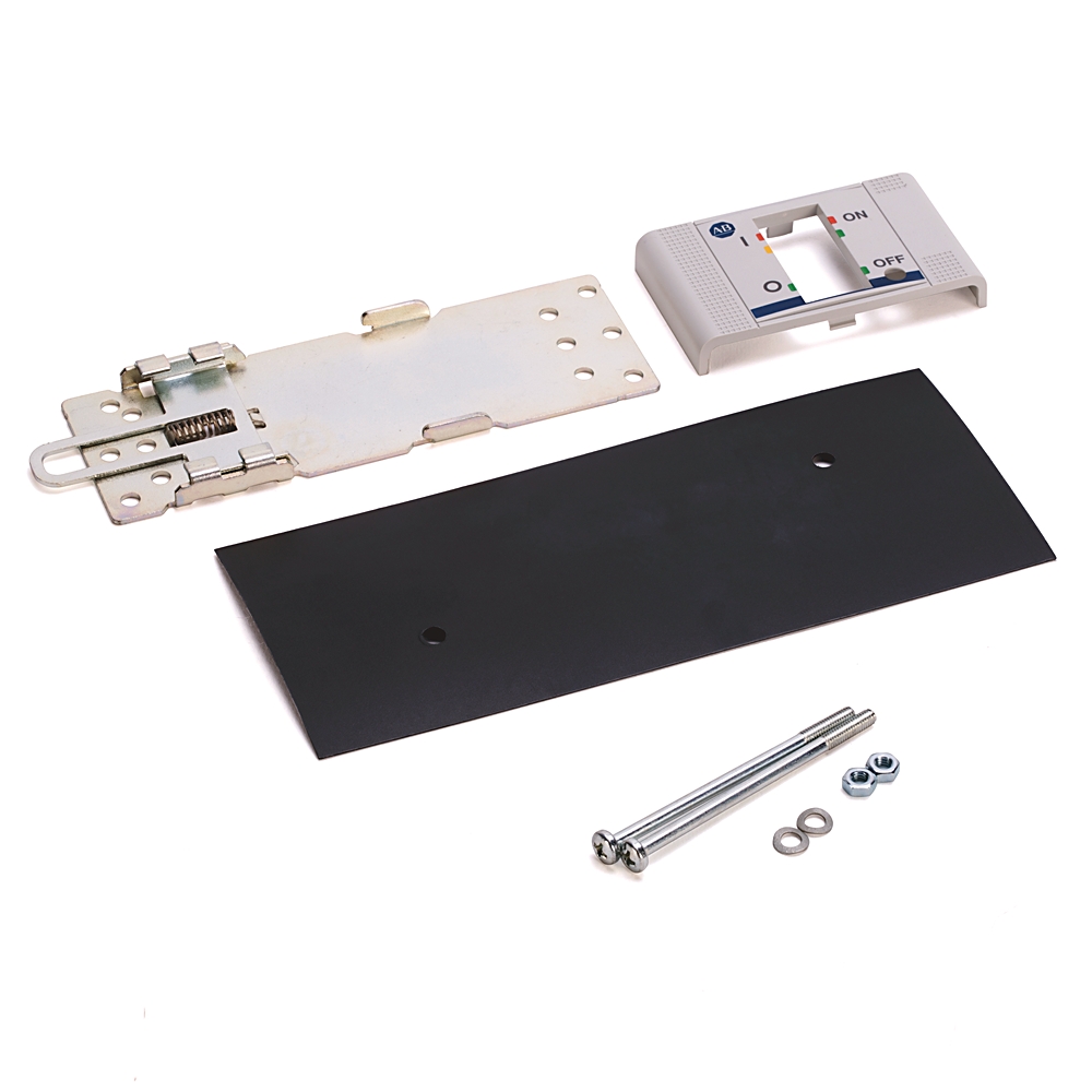 Electrical switch mounting kit with metal bracket, white faceplate, black mounting panel, screws, washers and nuts.