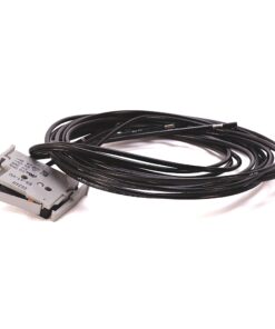 Electrical cable harness with a gray connector at the end, coiled black wires on a white background.