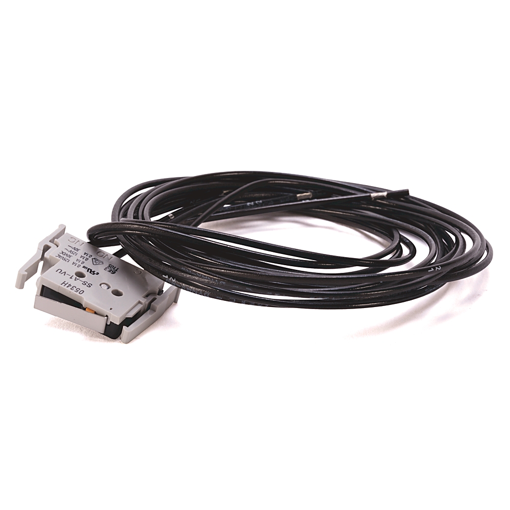 Electrical cable harness with a gray connector at the end, coiled black wires on a white background.