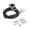 Industrial wiring harness with four plug-in module connectors and long black cables, plus identification label sheets.