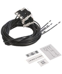 Industrial wiring harness with four plug-in module connectors and long black cables, plus identification label sheets.