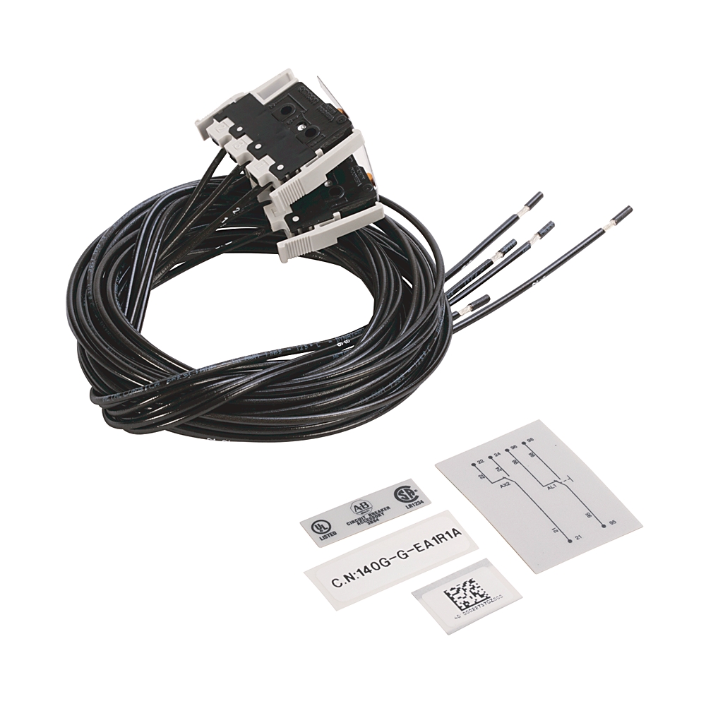 Industrial wiring harness with four plug-in module connectors and long black cables, plus identification label sheets.