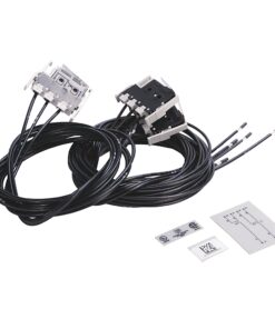 Set of electrical contactors with bundled black cables and small label plates for installation.