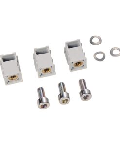 Kit of three gray inline electrical connectors with brass female sockets, plus three screws and washers for mounting.