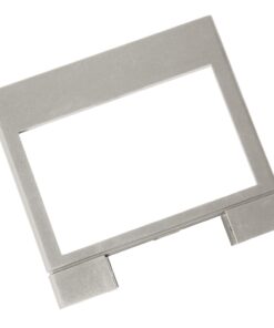 Silver metal display frame with a rectangular opening and two small supporting feet at the bottom.