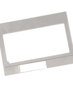 Silver metal display frame with a rectangular opening and a built-in stand at the bottom.