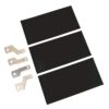 Three black rectangular battery cells arranged in a stack with silver metal mounting tabs on the left, used in modular battery packs.