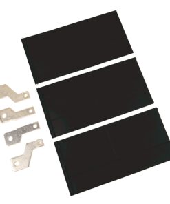 Three black rectangular battery cells arranged in a stack with silver metal mounting tabs on the left, used in modular battery packs.