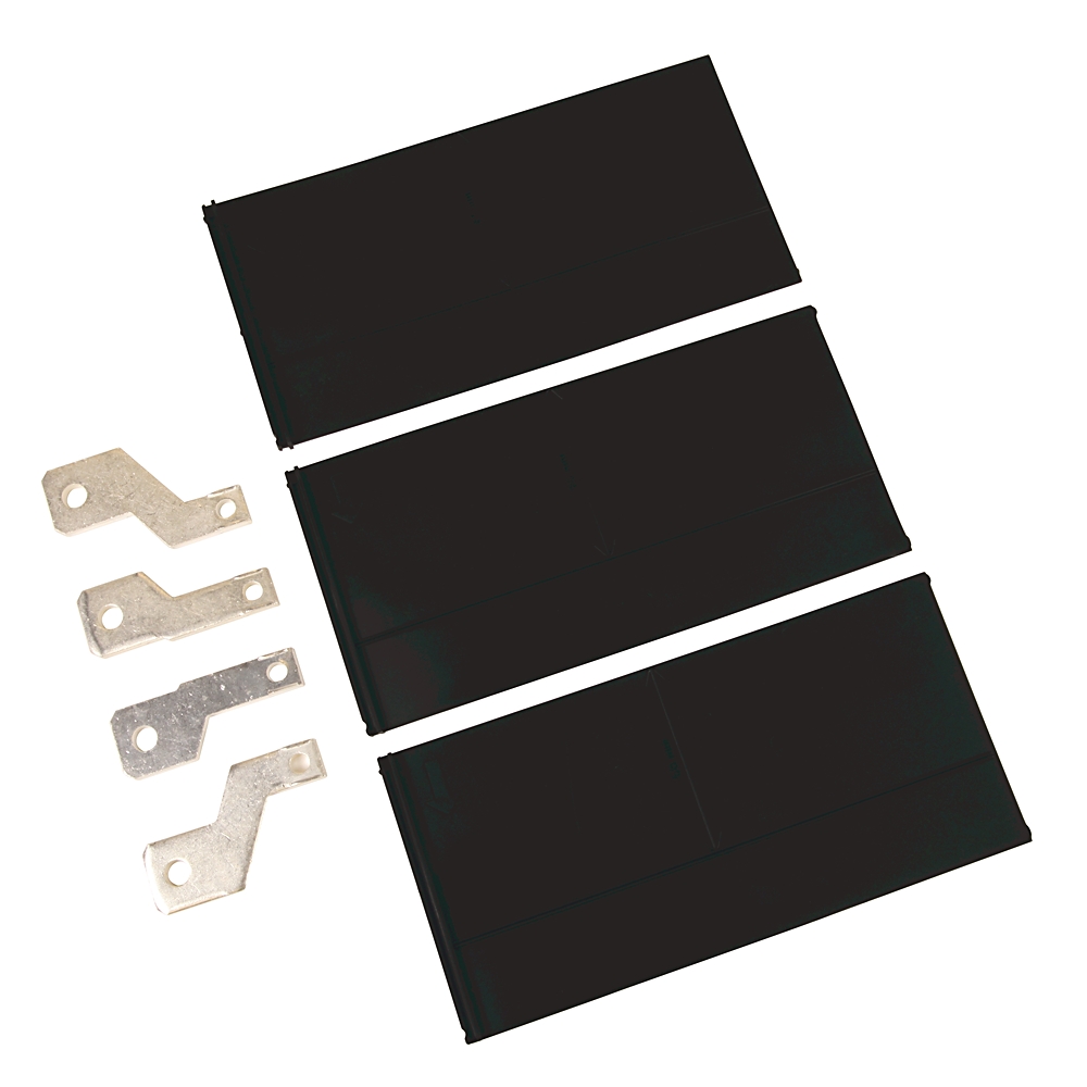 Three black rectangular battery cells arranged in a stack with silver metal mounting tabs on the left, used in modular battery packs.