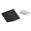Four silver metal lug connectors placed beside three black rectangular sheets.