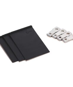 Four silver metal lug connectors placed beside three black rectangular sheets.