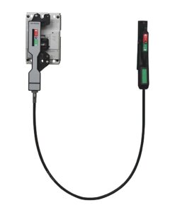 Cable-connected electrical test setup with a gray Allen‑Bradley module on the left and a black handheld switch on the right.