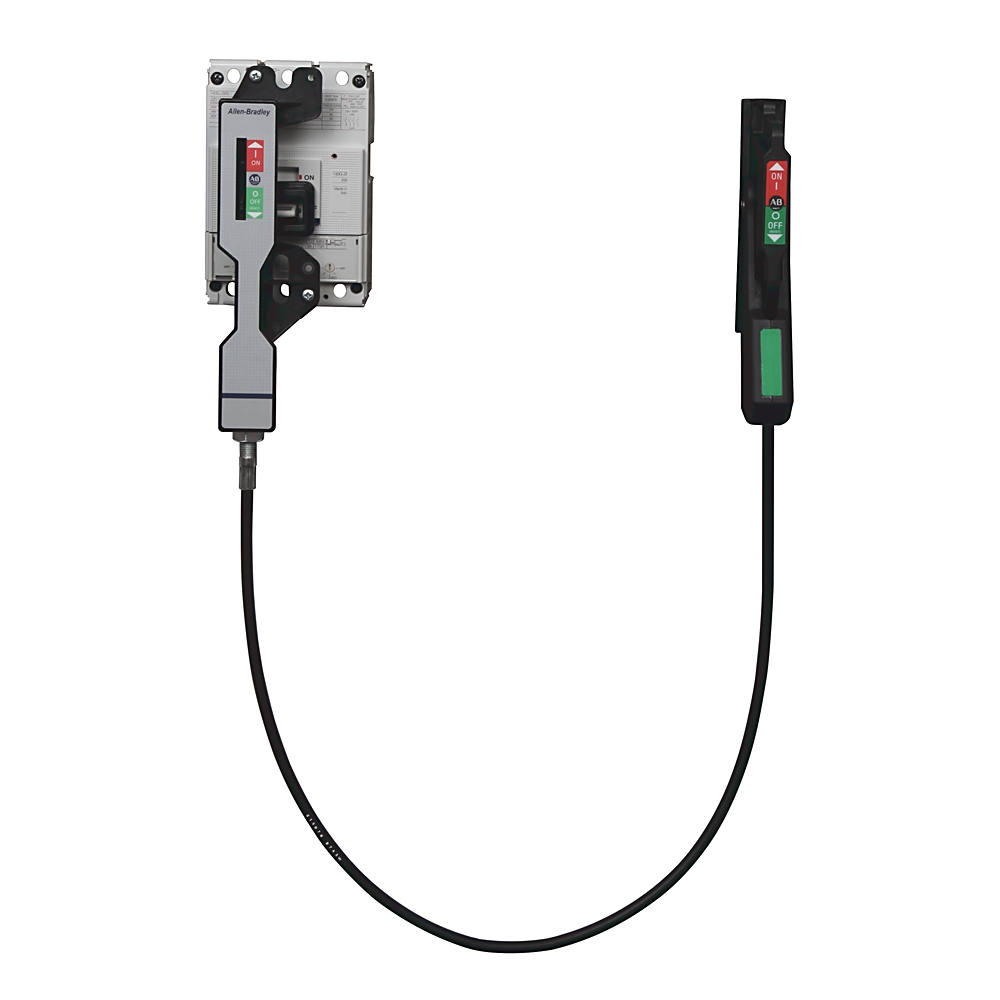Cable-connected electrical test setup with a gray Allen‑Bradley module on the left and a black handheld switch on the right.
