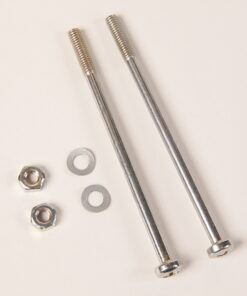 Two silver bolts with hex nuts and flat washers laid out on a light surface for hardware assembly.