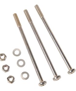 Three long metal bolts with nuts and flat washers on a white background (hardware kit)