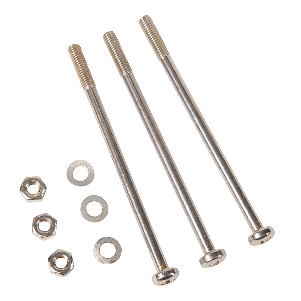 Three long metal bolts with nuts and flat washers on a white background (hardware kit)