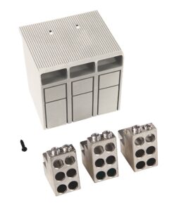 Modular terminal block kit with a gray plastic housing and three metal 4-position terminal blocks plus a small screw tool (DIN-rail compatible)