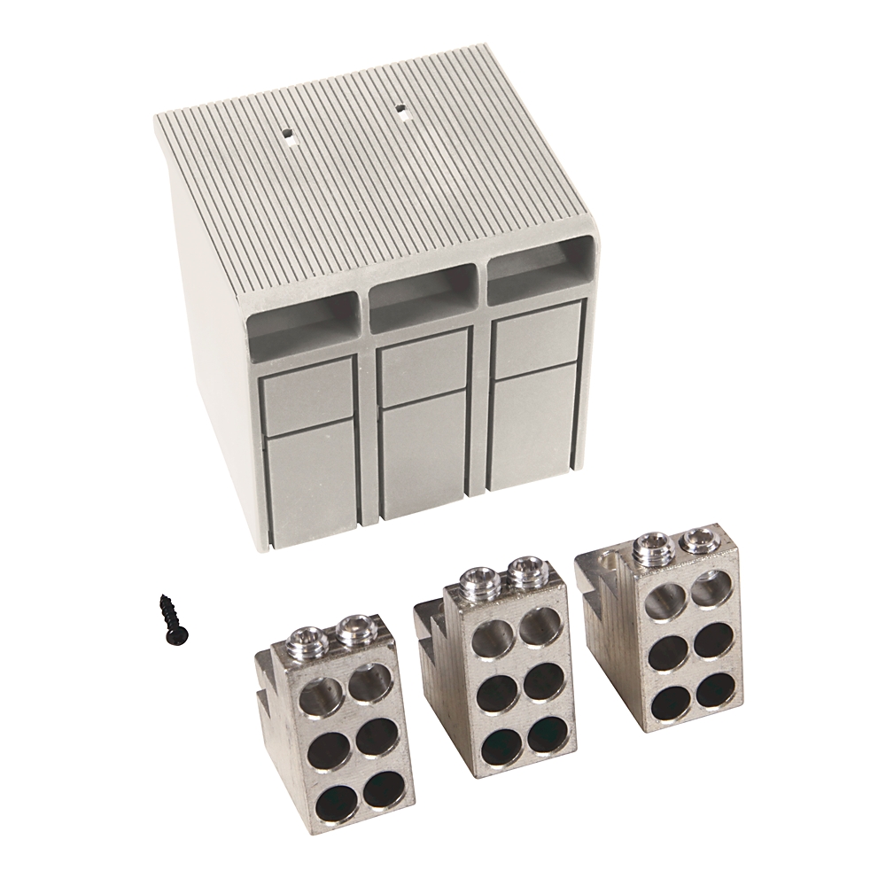 Modular terminal block kit with a gray plastic housing and three metal 4-position terminal blocks plus a small screw tool (DIN-rail compatible)