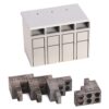 Industrial terminal block kit: white modular housing with four slots and accompanying metal conductor blocks.
