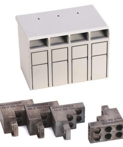 Industrial terminal block kit: white modular housing with four slots and accompanying metal conductor blocks.