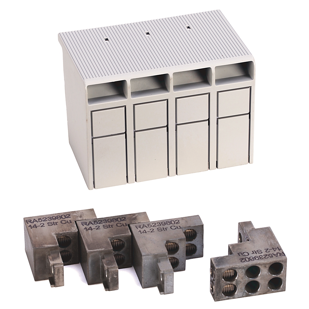 Industrial terminal block kit: white modular housing with four slots and accompanying metal conductor blocks.