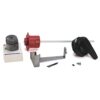 Assorted mechanical parts arranged on a white background: red gearbox, long metal rod, black handle, metal brackets, screws, and small bolts.