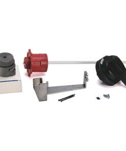 Assorted mechanical parts arranged on a white background: red gearbox, long metal rod, black handle, metal brackets, screws, and small bolts.