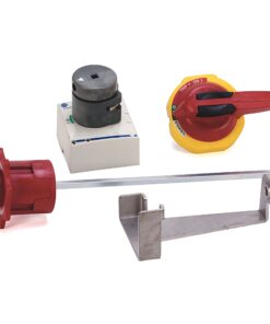Industrial electrical control kit with a red rotary switch, a yellow-toggle handle, a metal mounting bracket, and a long metal rod on a white background