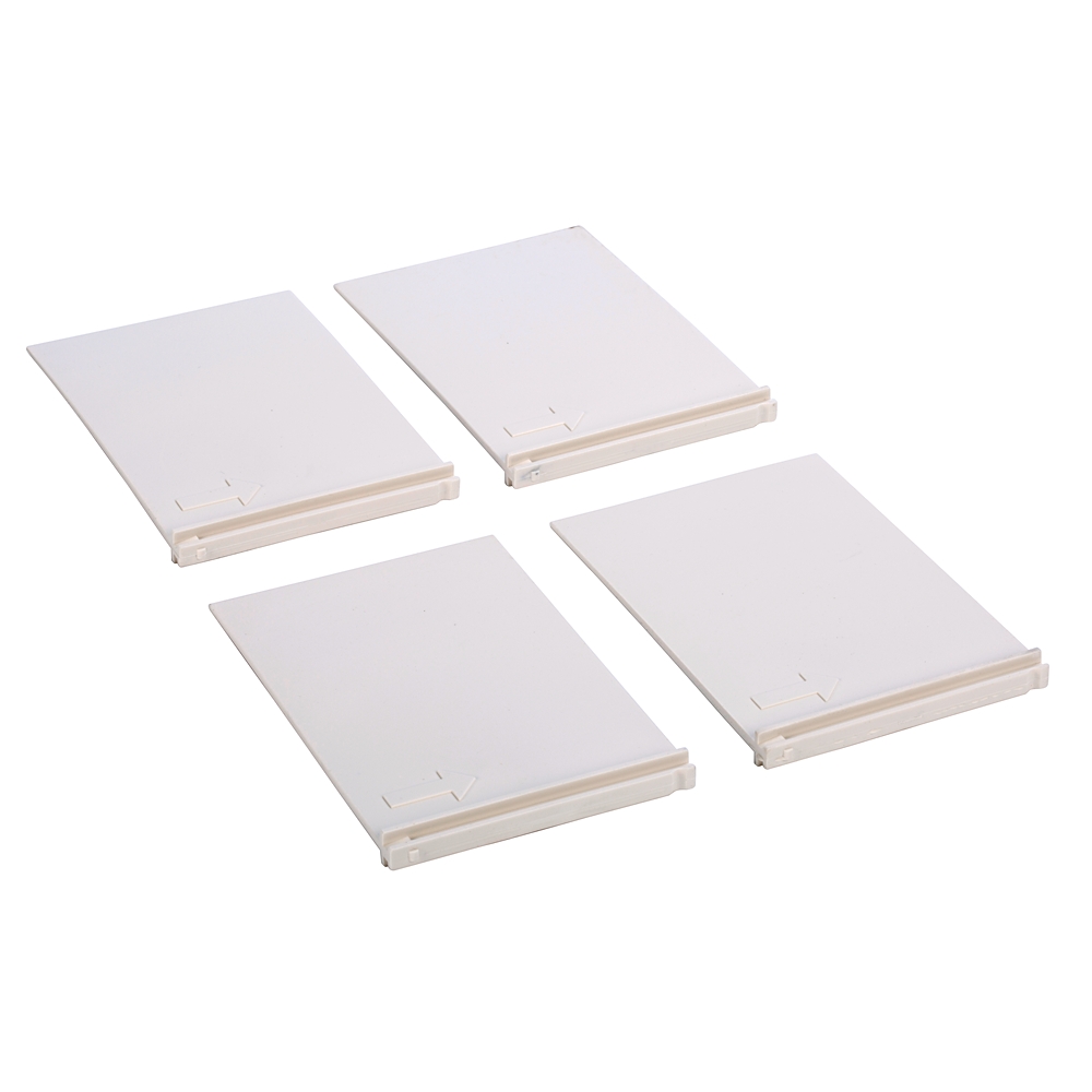 Four small white plastic cards with a recessed edge rail and a small arrow mark, laid out on a white background (informational product image).