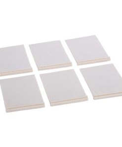 Six identical white square plastic tiles arranged in two rows of three on a light background