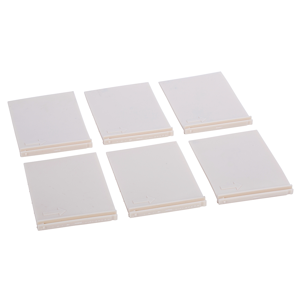Six identical white square plastic tiles arranged in two rows of three on a light background