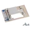 Metal mounting bracket for a card reader with a magnetic stripe card partially inserted; includes two screws.