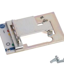 Metal mounting bracket for a card reader with a magnetic stripe card partially inserted; includes two screws.