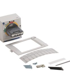 Miniature circuit breaker with rotary switch, plus mounting frame, label sheet, screws and mounting hardware.