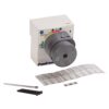 Panel-mount rotary switch with a grey knob on a white enclosure, color arc dial, plus mounting screws, Allen key, and label sheet