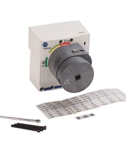 Panel-mount rotary switch with a grey knob on a white enclosure, color arc dial, plus mounting screws, Allen key, and label sheet