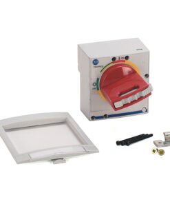 Electrical disconnect switch kit with a red rotary lever, white cover plate, and mounting hardware.