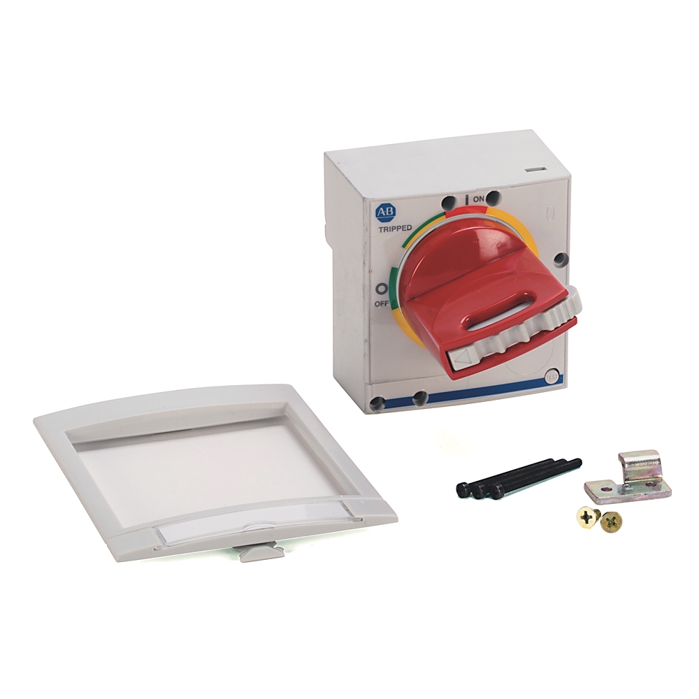 Electrical disconnect switch kit with a red rotary lever, white cover plate, and mounting hardware.