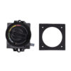 Rotary selector switch with color-coded indicator ring and mounting tab, shown beside a square black mounting plate with a central hole.