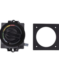 Rotary selector switch with color-coded indicator ring and mounting tab, shown beside a square black mounting plate with a central hole.