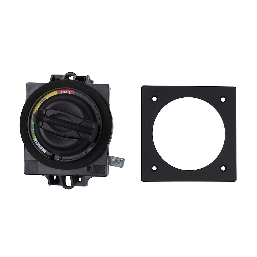 Rotary selector switch with color-coded indicator ring and mounting tab, shown beside a square black mounting plate with a central hole.