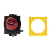 Rotary selector switch with a red dial, shown next to a yellow mounting plate with a circular cutout.