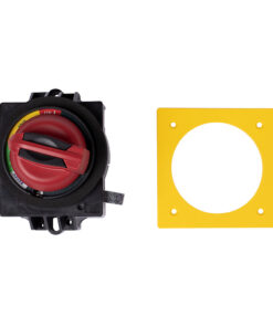 Rotary selector switch with a red dial, shown next to a yellow mounting plate with a circular cutout.