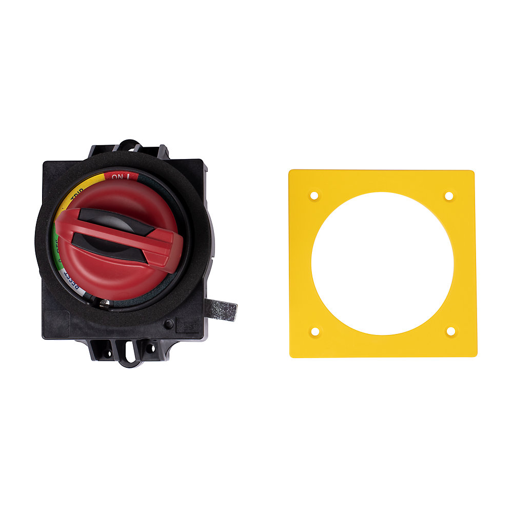 Rotary selector switch with a red dial, shown next to a yellow mounting plate with a circular cutout.